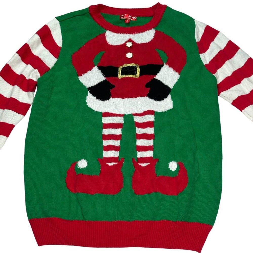 Elf Knit Christmas Sweater Womens Large Ribbed Crew Neck Striped Arms Top